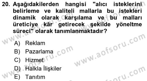Yiyecek Ve İçecek İşletmeciliği Dersi 2020 - 2021 Yılı Yaz Okulu Sınav Soruları 20. Soru