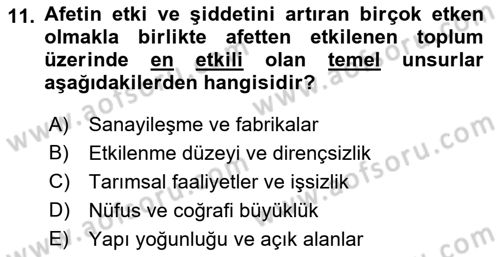 Afet Yönetimi 1 Dersi 2022 - 2023 Yılı (Vize) Ara Sınav Soruları 11. Soru