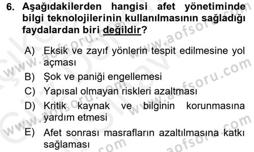 Afet Yönetimi 1 Dersi 2017 - 2018 Yılı (Final) Dönem Sonu Sınav Soruları 6. Soru