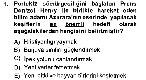 TAR401U Sömürgecilik Tarihi (Avrupa-Amerika) çıkmış sınav sorusu 1